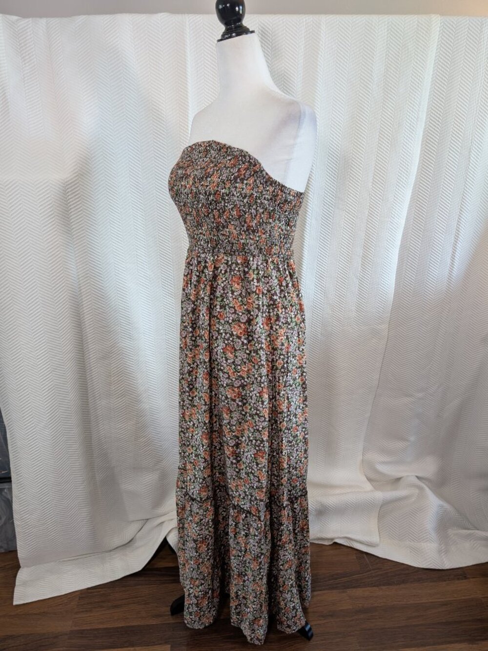 Floral Tube Maxi Dress Brown Smocked Ruffle Hem Boho Cottagecore Size Medium NWT - Picture 2 of 13
